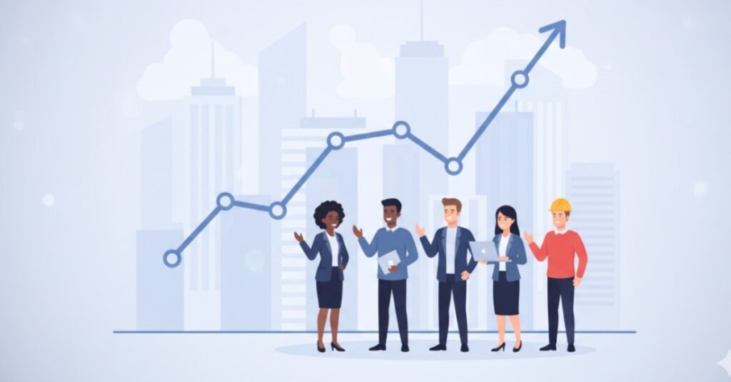 Worker employment graph rising in the U.S. job market report 2025 with professionals and office background illustration.