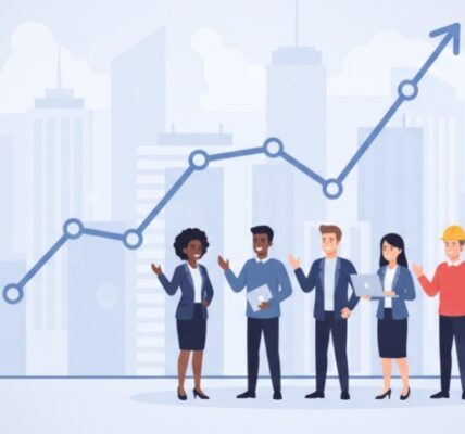 Worker employment graph rising in the U.S. job market report 2025 with professionals and office background illustration.