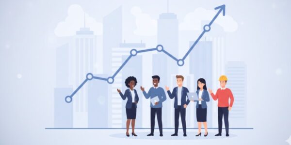 Worker employment graph rising in the U.S. job market report 2025 with professionals and office background illustration.
