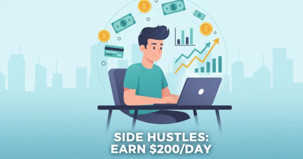 A person working on laptop exploring side hustles to make $200 a day in the USA