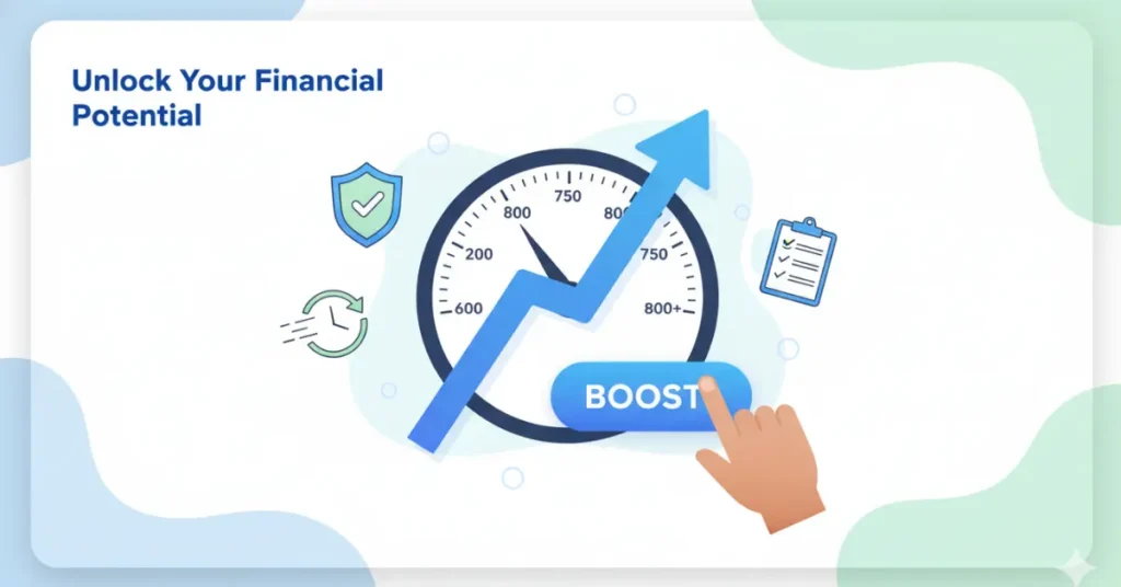 Visual guide showing 6 steps to improve your credit score quickly in 2026