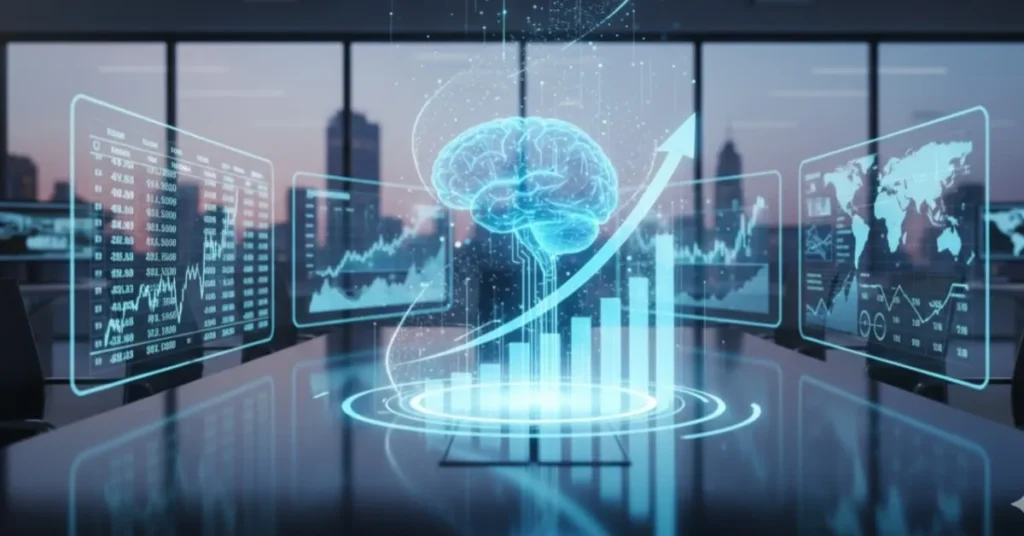 Futuristic AI stock market concept image showing holographic data and rising charts for USA tech investors.