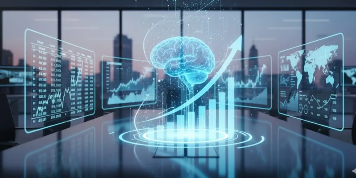 Futuristic AI stock market concept image showing holographic data and rising charts for USA tech investors.
