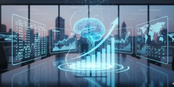 Futuristic AI stock market concept image showing holographic data and rising charts for USA tech investors.
