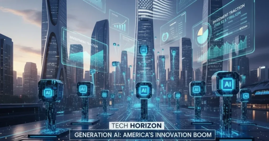 49 U.S. AI startups raised over $100M in 2025 — illustration showing American tech growth, AI funding charts, and futuristic innovation.