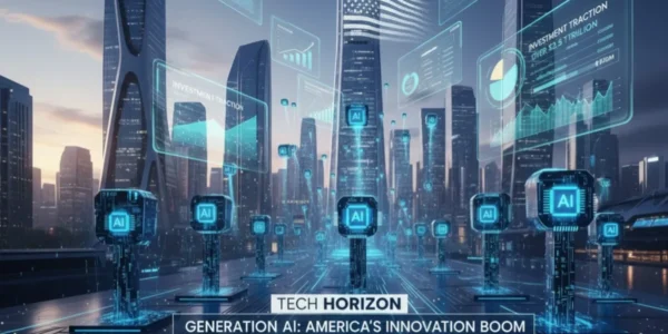 49 U.S. AI startups raised over $100M in 2025 — illustration showing American tech growth, AI funding charts, and futuristic innovation.