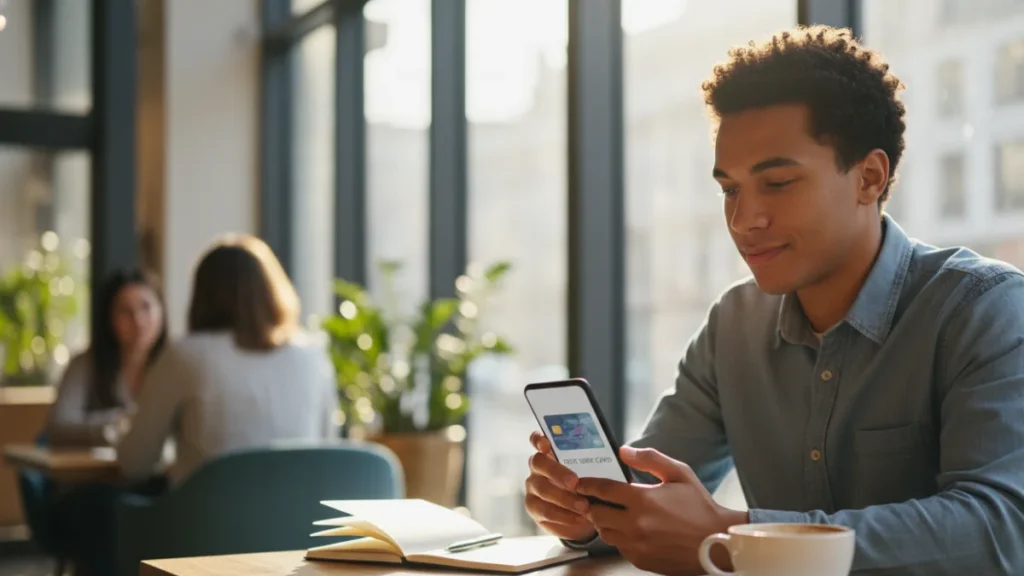 Person using smartphone in cafe.best credit cards for beginners in the USA 2026 to build credit safely