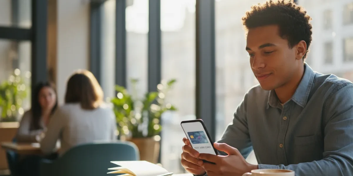Person using smartphone in cafe.best credit cards for beginners in the USA 2026 to build credit safely