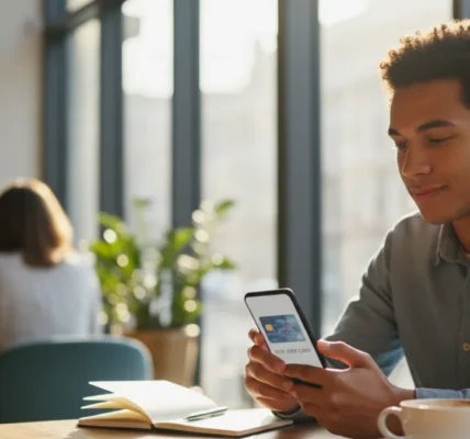 Person using smartphone in cafe.best credit cards for beginners in the USA 2026 to build credit safely
