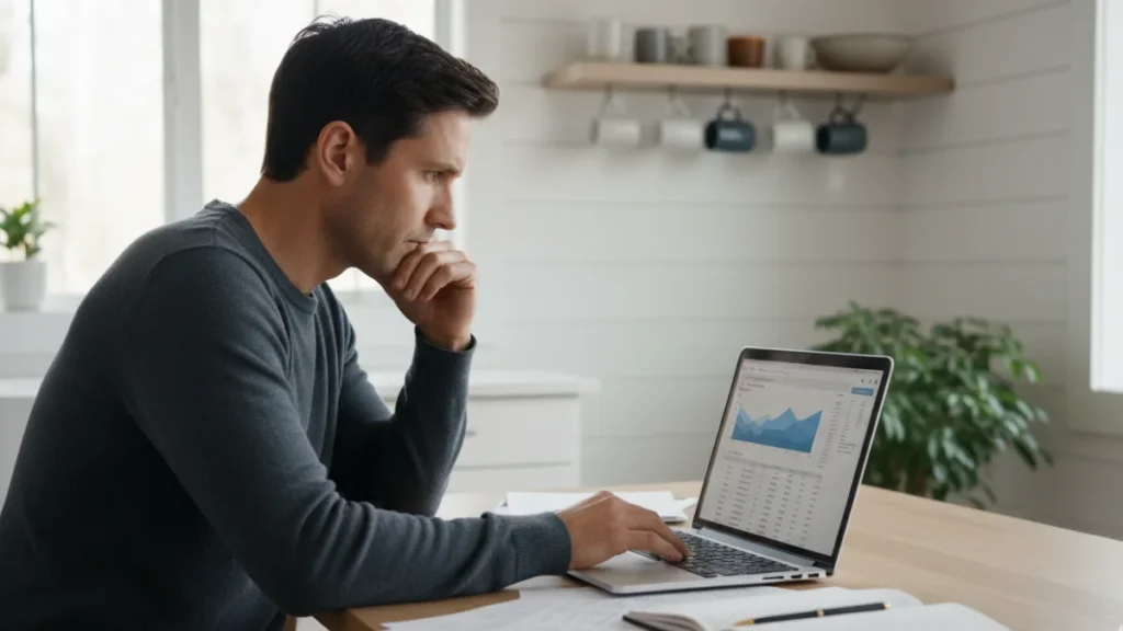 Person working on laptop with charts.