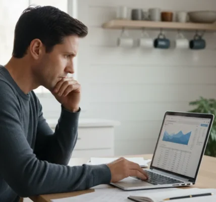 Person working on laptop with charts.