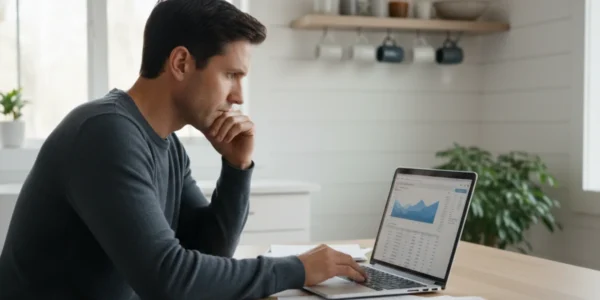 Person working on laptop with charts.