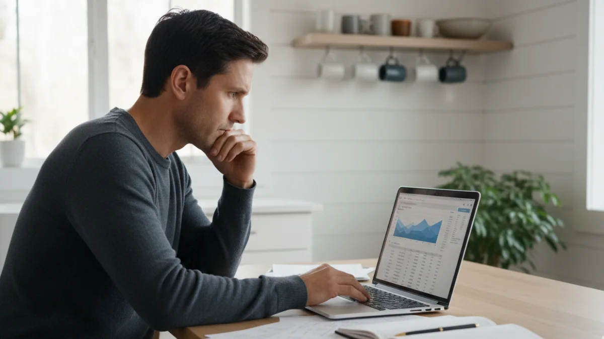 Person working on laptop with charts.